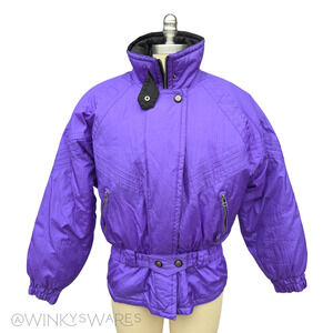 Vintage 90s Purple Ski Jacket Puffer Coat Size S 80s Retro Nylon Belted Snow